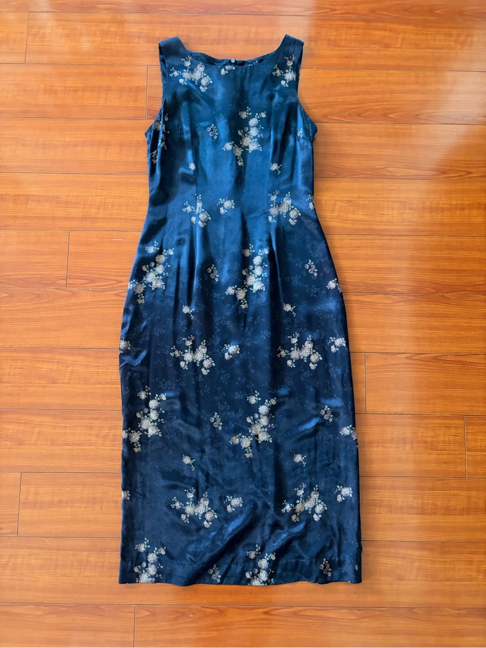 Dark Navy Floral Satin Sheath Dress - Elegant Sleeveless Midi